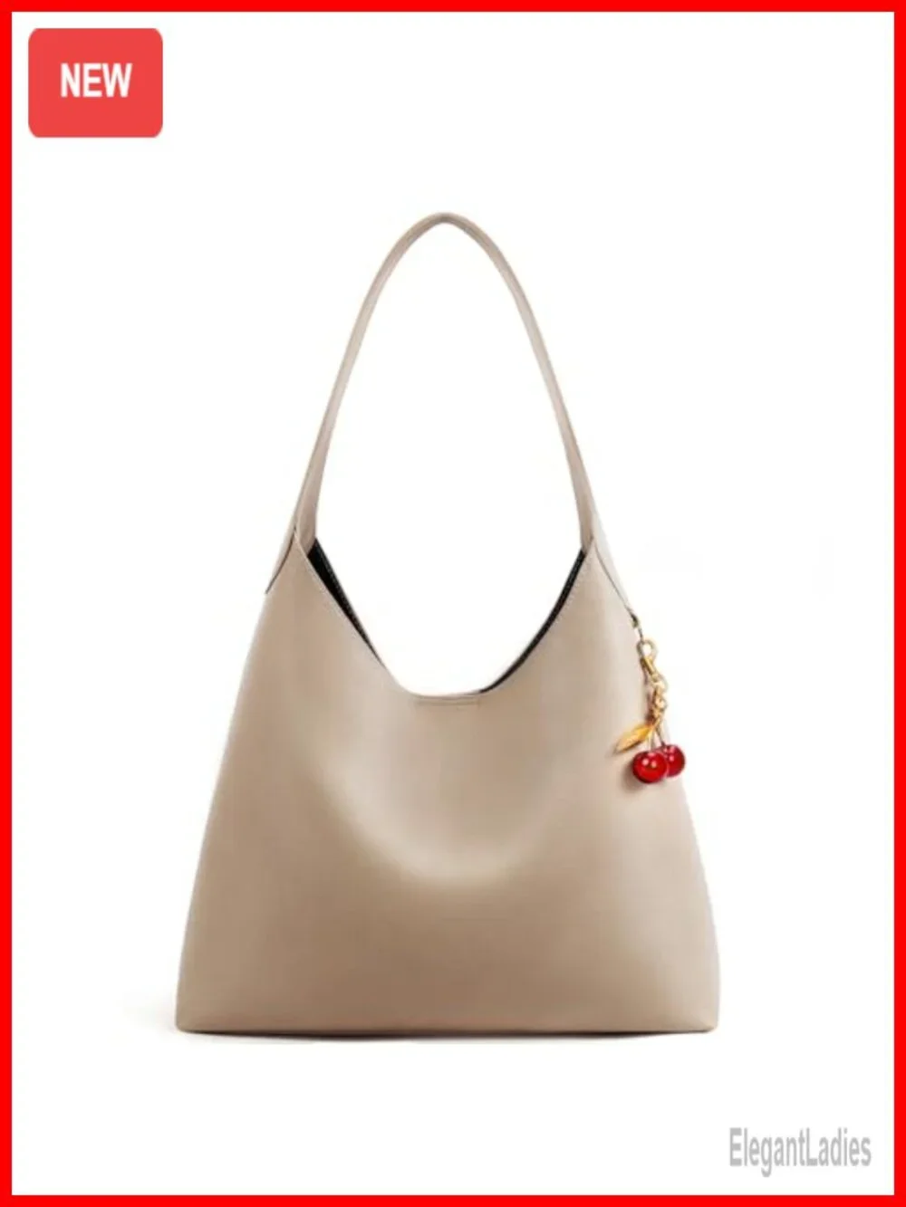 Vegan Leather Slouchy Hobo Bag with Detachable Cherry Charm, Shoulder Bag